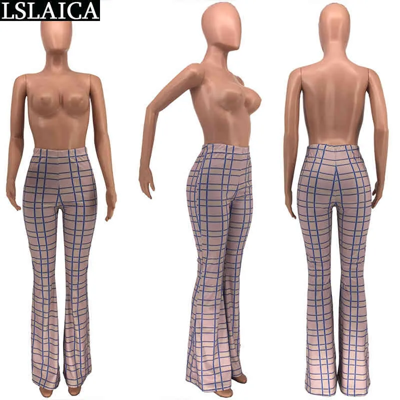 Eleganta plaid kvinnor byxor höst casual kvinnliga byxor streetwear höga midja bell-bottoms mujer pantalones 210515