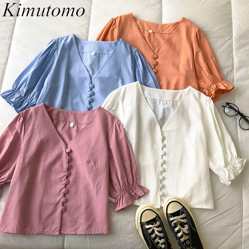 Kimutomo Chic Women Blouse Summer Fashion Girls V-neck Fake Buttons Short Puff Sleeve Gentle Tops Elegant Casual 210521