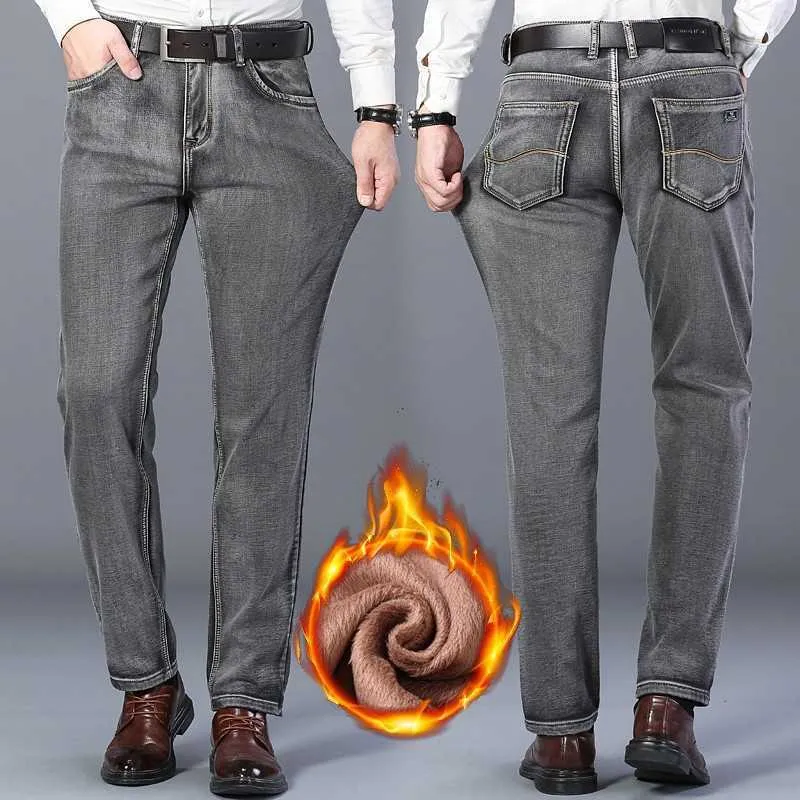 Jeans di marca Autunno Inverno Jeans caldi floccati caldi morbidi attività da uomo caldo pile jeans da uomo nero blu grigio colori 211008