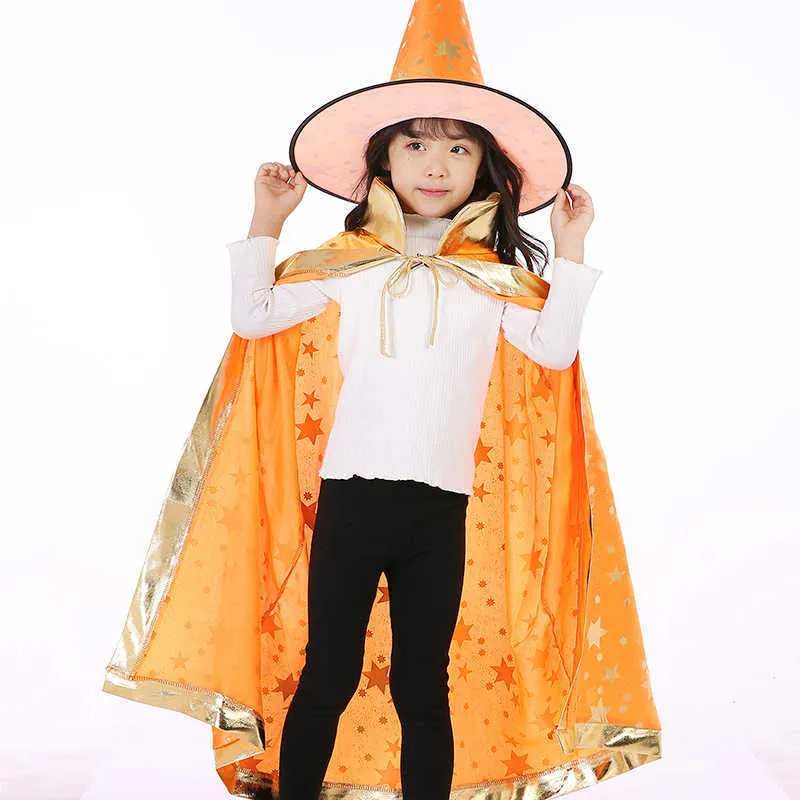 Children Halloween Costumes Wizard Witch Cloak Cape Robe with Pointy Hat Girls Boys Cosplay Props Kids Birthday Party Supplies Q0910