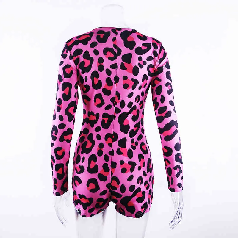 Omsj est rosa leopardtryck bodysuit för kvinnor sexig långärmad skinny jumpsuit casual nattkläder pyjamas onesie övergripande 210517