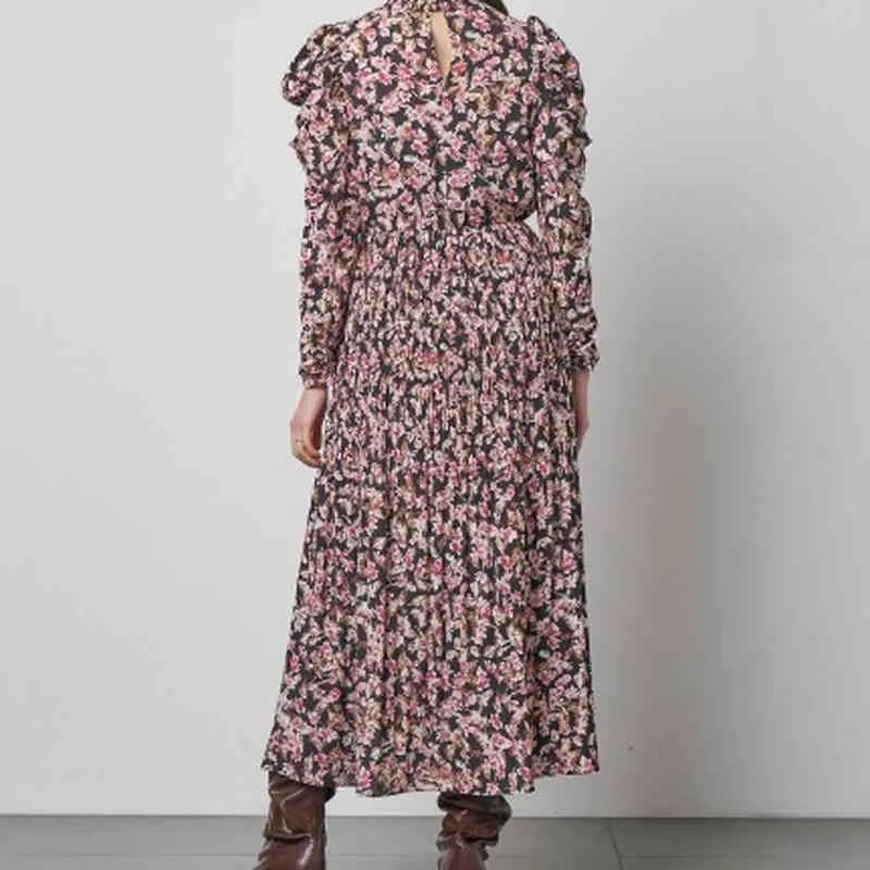 Старинный суд стиль французский риф название платье для печати женщин высокая талия бедро линия драпированная стойка стойки стойки слойки с длинным рукавом 210514