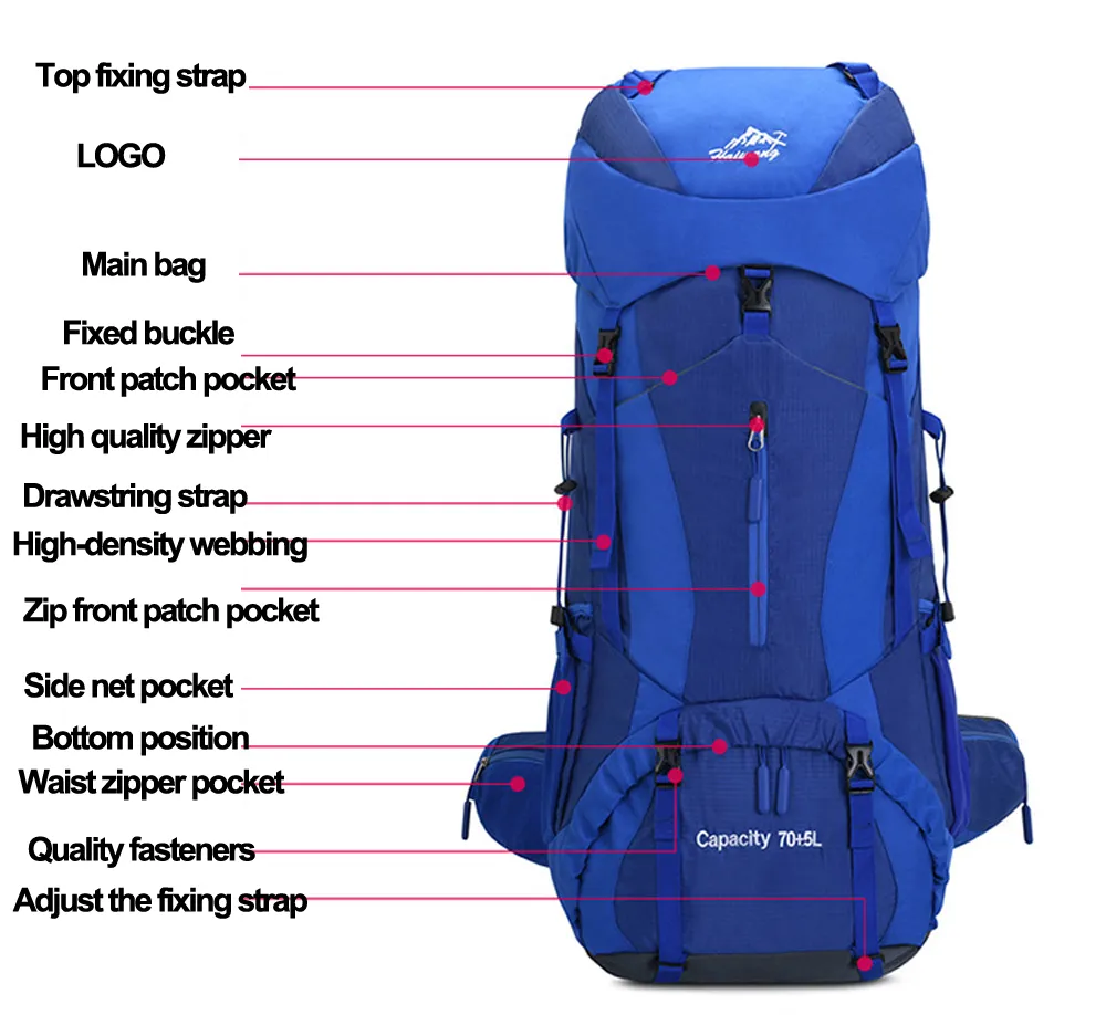 Кемпинг Пешие туристы Рюкзаки 75L Большой Сумка на открытом воздухе Рюкзак Нейлоновый Суперильный Спортивный Спортивный Средний Сплав Поддержка