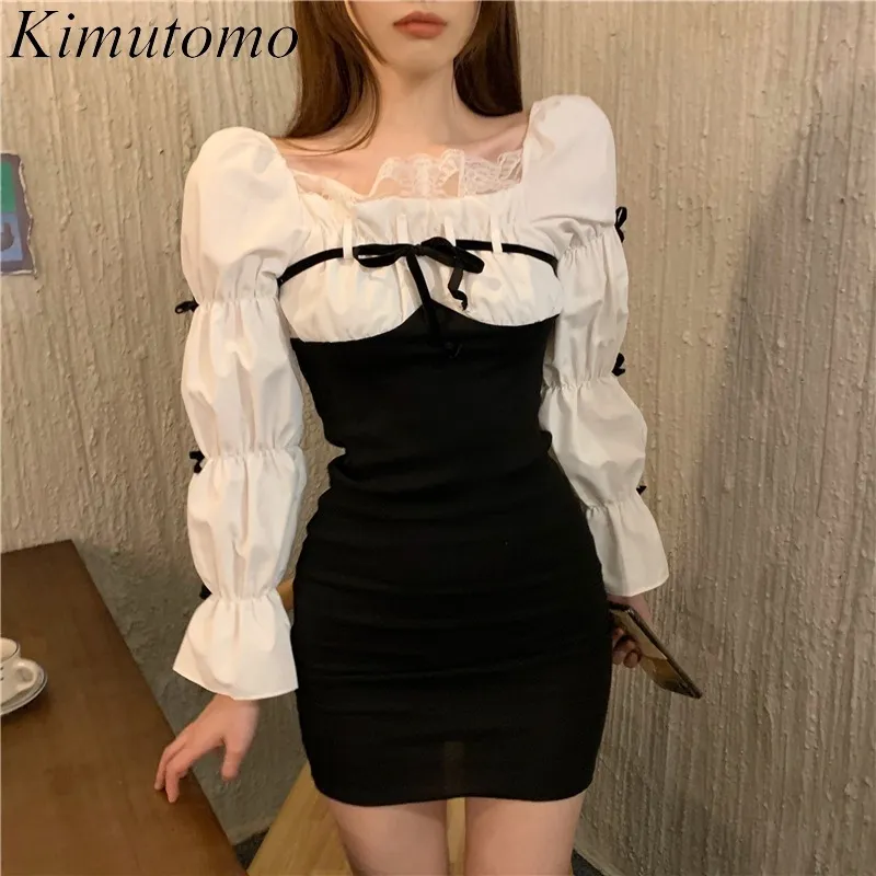 KIMUTOMO Spring Patchwork Mini Robes Mini Femmes Slash Col Cou Fake Two Piece Sleeve Taille haute taille A-Line Robe moulante 210521