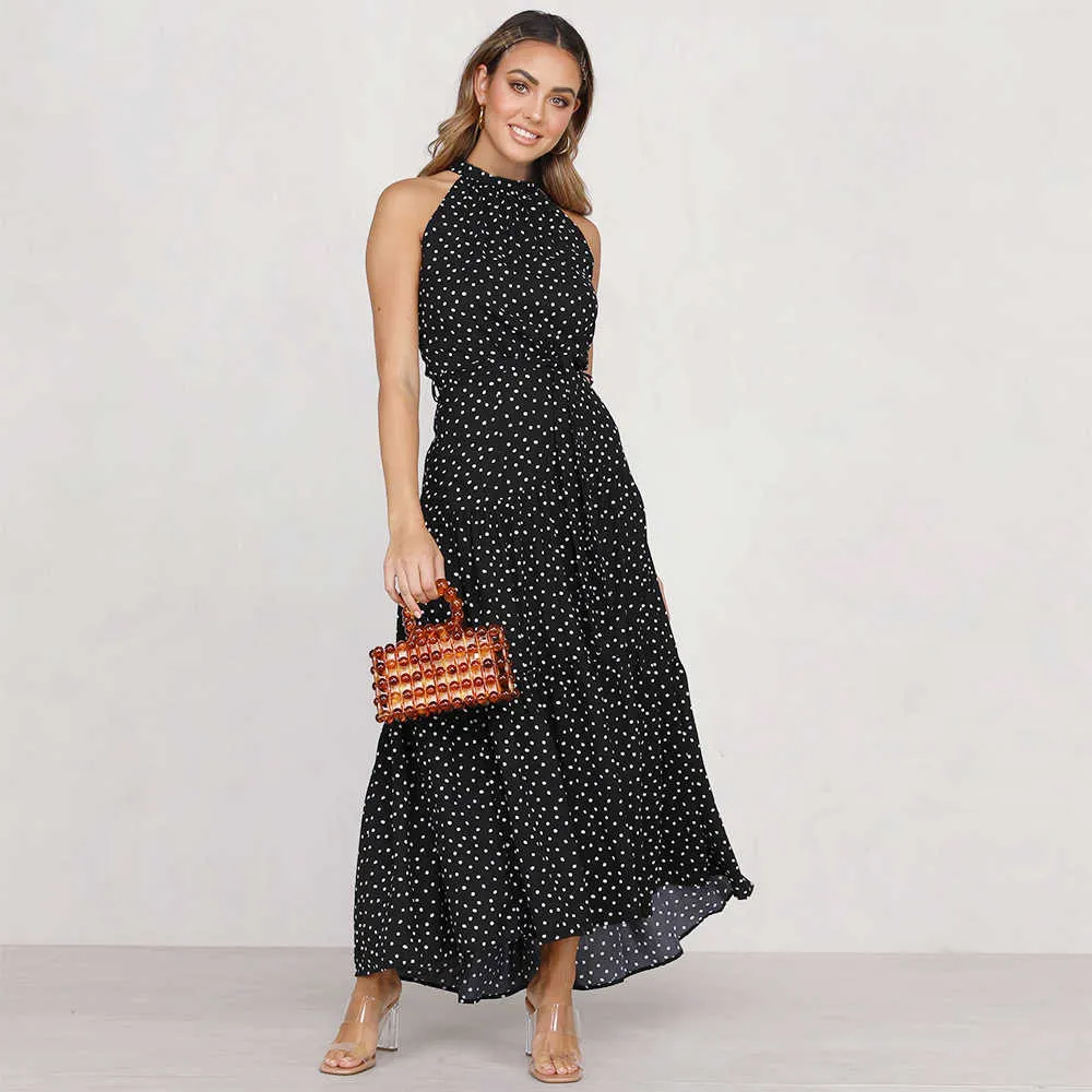 Summer Beach Long Maxi Robe Femme Polka Dot Imprimé floral Imprimé sans manche