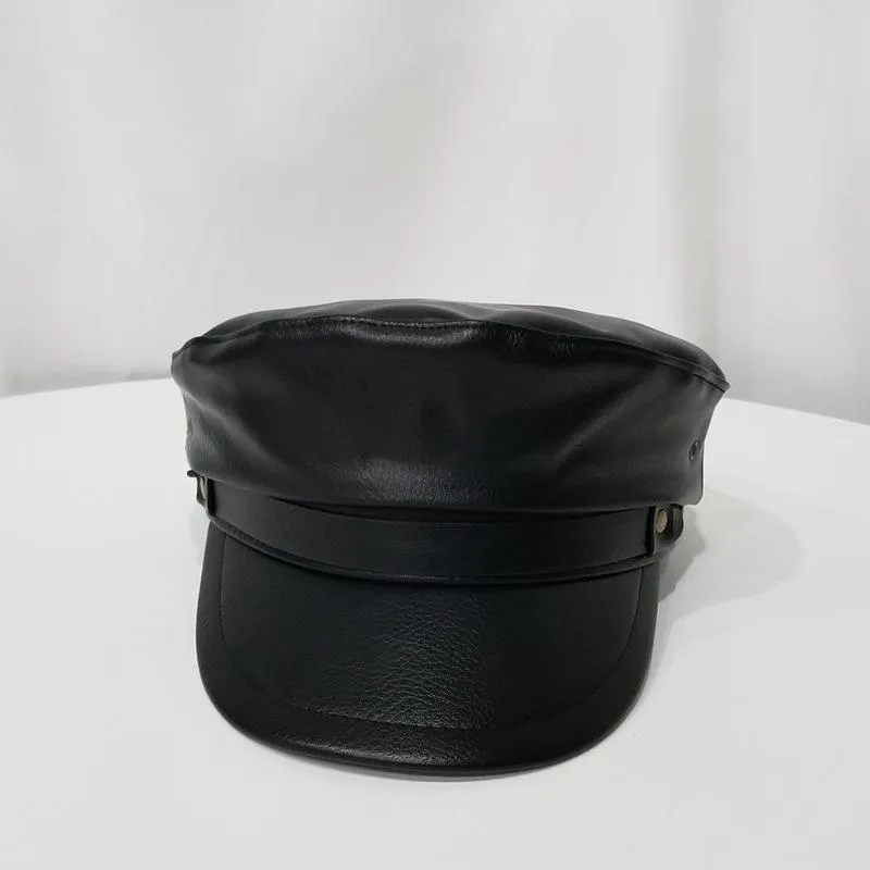 Casquettes plates en cuir PU pour femmes, automne et hiver, chapeau noir, à la mode, chapeaux chauds et épais, os marine à large bord, 229S