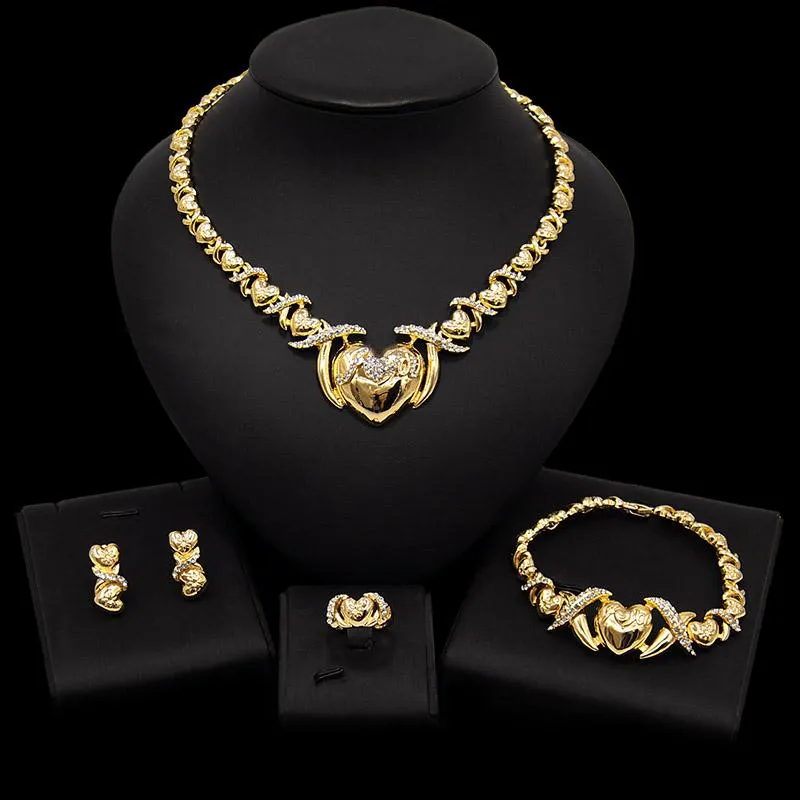 Earrings & Necklace Wedding Jewelry Set XO Heart Gold Color Crystal Nigerian African Beads Sets Gifts For Women265n