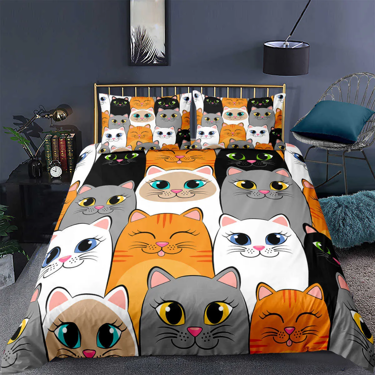 Cartoon-Katze-Bettbezug-Set, Tierdruck, Bettwäsche mit Kissenbezug, 23-teilig, Tröster für Schlafzimmer, Dekor 21082189298757954603