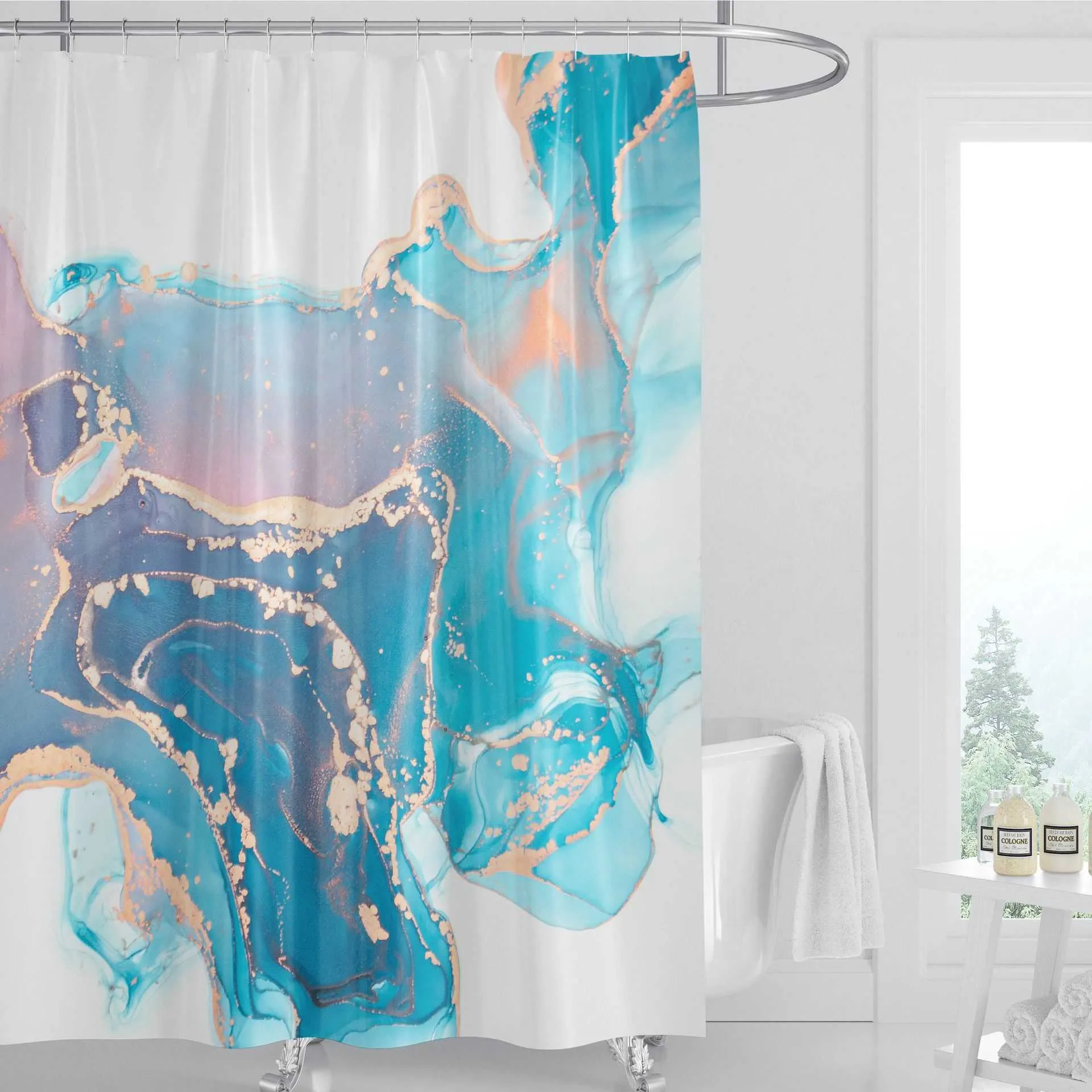 Rideau de douche à rayures bleues abstraites, peinture à l'encre, luxueuse texture de marbre liquide, salle de bains, décoration de maison, rideaux en tissu polyester 210609