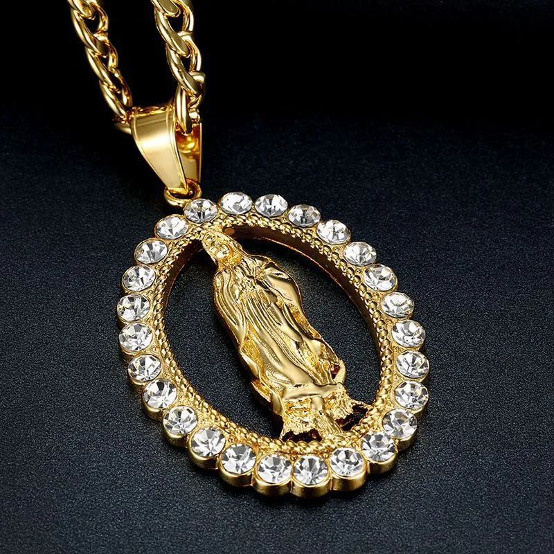 Hip Hop glacé grande vierge marie colliers pendentifs couleur or chaîne en acier inoxydable pour les femmes bijoux chrétiens Madonna XL1145