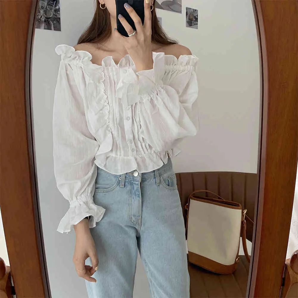 Zachte Ruches Slash Neck Office Lady Vintage Flare Mouwen Tops Retro Chic Losse All Match Streetwear Blouses 210525