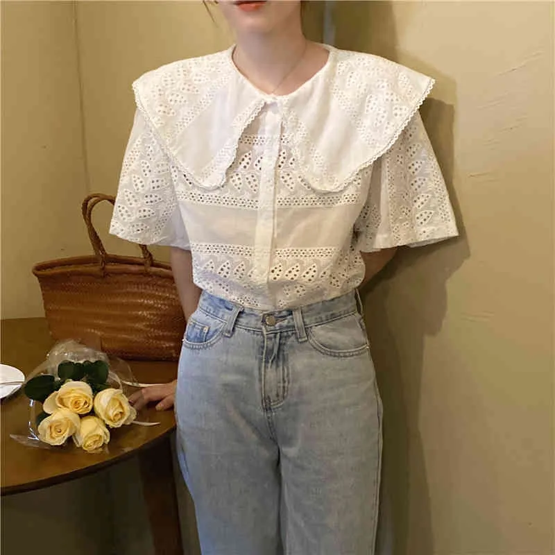 Chic Vintage Shirt Peter Pan Collar Short Sleeves Solid Loose Fashion All Match Casual Streetwear Blouses 210525