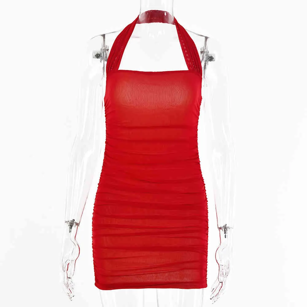 Dubbellaagse mesh backless bodycon mini jurk vrouwen sexy halterjurken femme zomer rood geplooid mager feest vestidos 210517