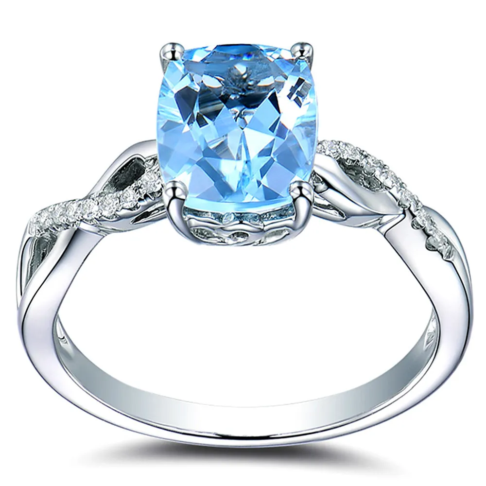 Quadratische Aquamarin-Edelsteine, Zirkon-Diamanten, Ringe für Damen, blauer Kristall, Weißgold, silberfarben, Schmuck, Bague-Bijoux-Geschenke