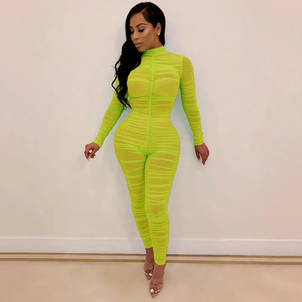 OMSJ Neon Green Color Playsuit Sexy Skinny Long Sleeve Jumppsuit Womens Turtleneck Mesh Sheer Bodycon Clubwear Outfits 210517