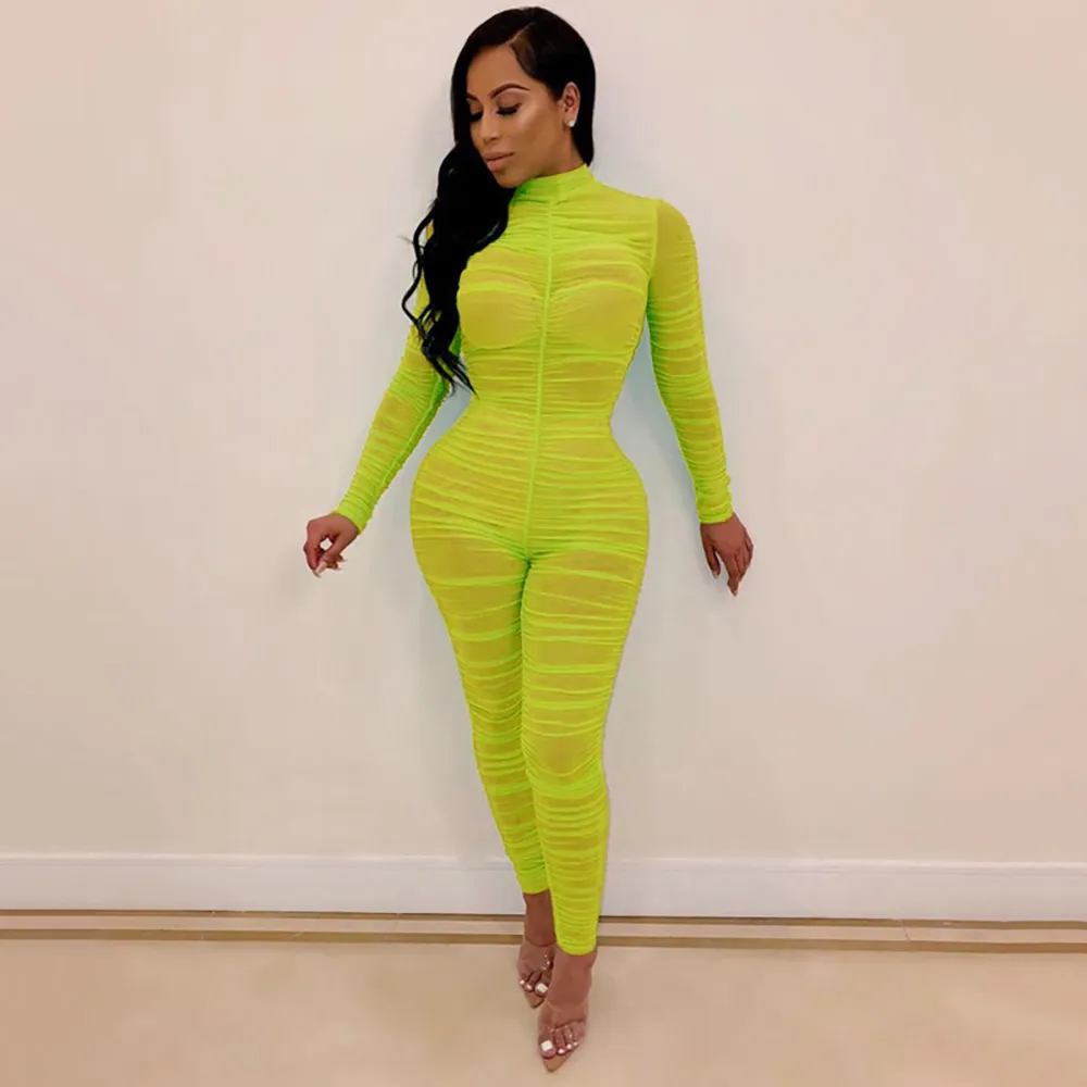 Omsj Neon Green Color Playsuit Sexy Skinny z długim rękawem Jumppssuit kobiet Turtleneck Sheer Bodycon Clubwear Stroje 210517