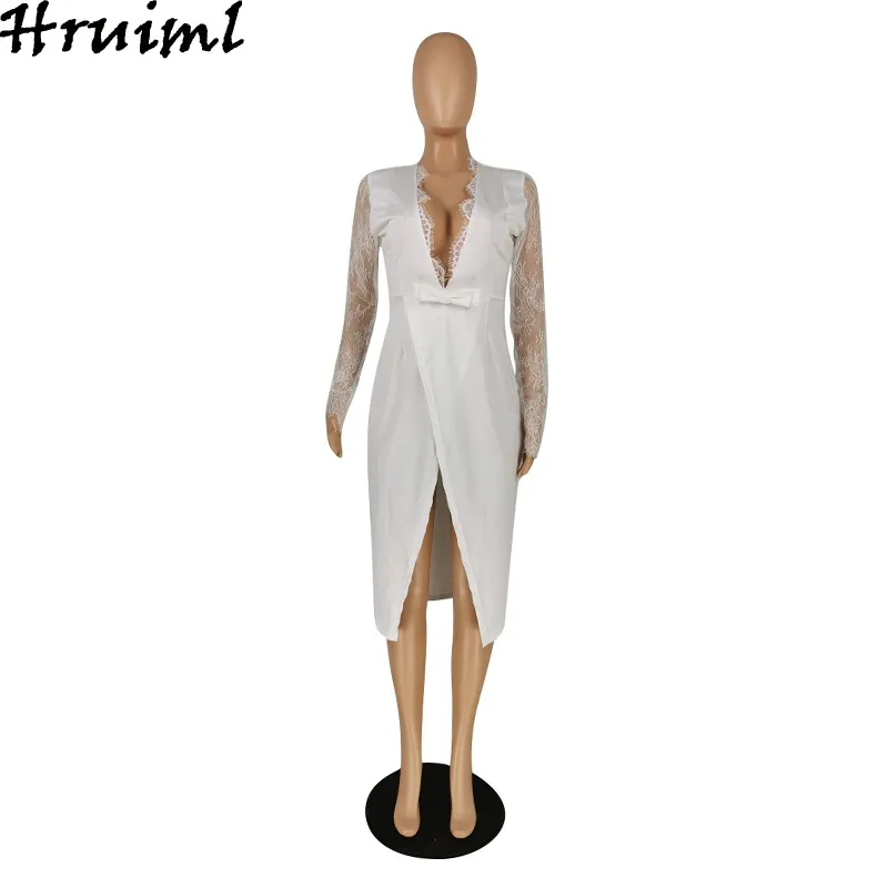 Robes Sexy pour femmes dentelle Patchwork à manches longues col en V profond fendu Midi mode taille haute blanc fête Clubwear 210513