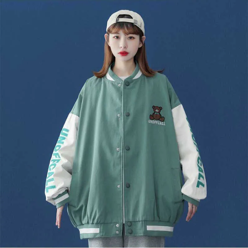 Printemps Streetwear Harajuku BF Baseball Manteau Femmes Simple Poitrine Spliced Automne Bomber Veste Vêtements 210531