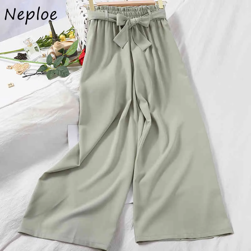 Neploe High Waist Hip Elastic Pants Women Bow Design Korean Candy Color Wide Leg Pantalones Sprinng Summer Trousers Mujer 210423