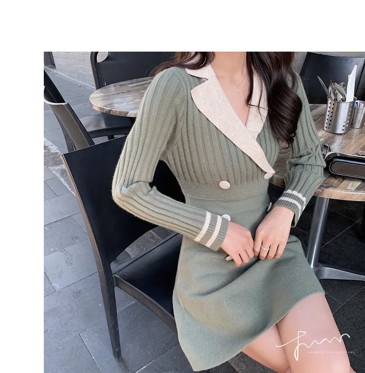 Jesień Kobiety Z Długim Rękaw Dzianiny Sukienka Koreański Vintage Moda Mini A-Line Sweter Sukienki Bodycon V-Neck Tunika Vestidos 210513