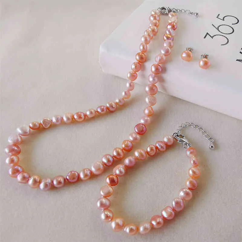DAIMI 8-9mm Baroque Jewelry 925 sterling silver Pearl Sets Necklace/Earrings/Bracelet For Women
