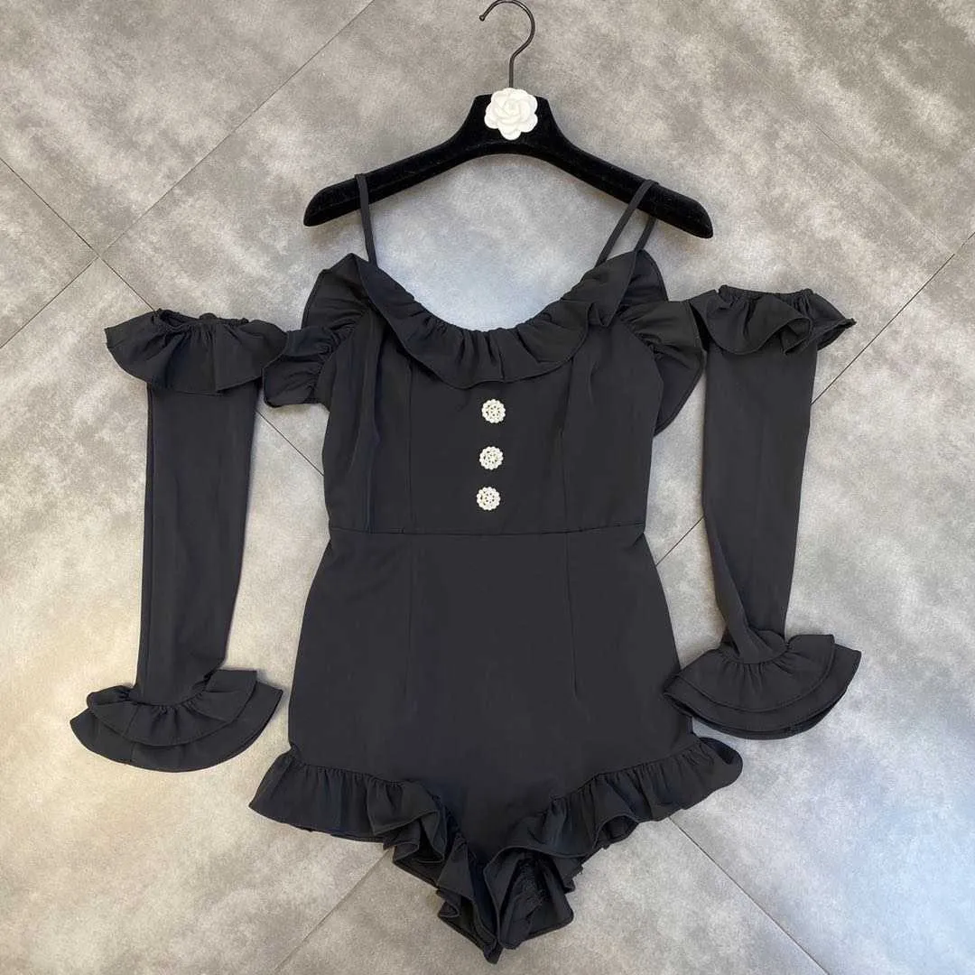 FABPOP Sexy V Neck Diamonds Buttons Ruffles Black Slim Playsuits With Sunscreen Sleeve Romper Women GB959 210709