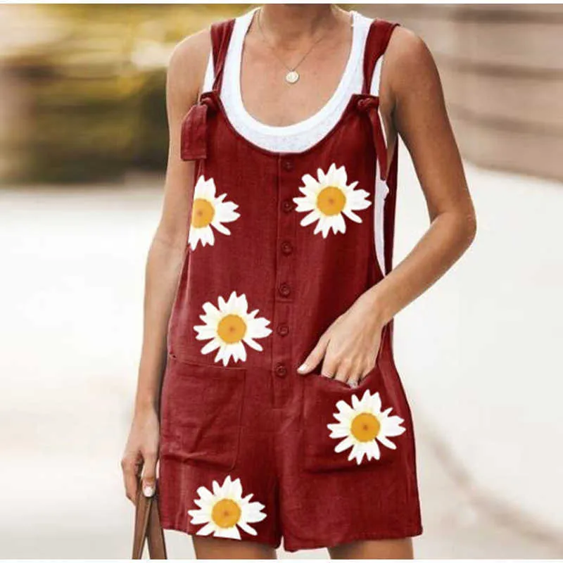 Mulheres Macacões Summer Casual Solta Manger Sem Mangas Botão Sólido Botão Suspensórios Bancos Big Calças Curtas Pens Largo Playsuits Macacões 210709