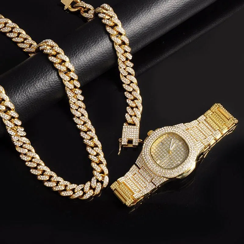 Uhren Halskette Armband HipHop Curb Cuban Chain Gold Iced Out Miami asphaltierte Strass CZ Bling Rapper für Männer Party Schmuck Geschenk x220K
