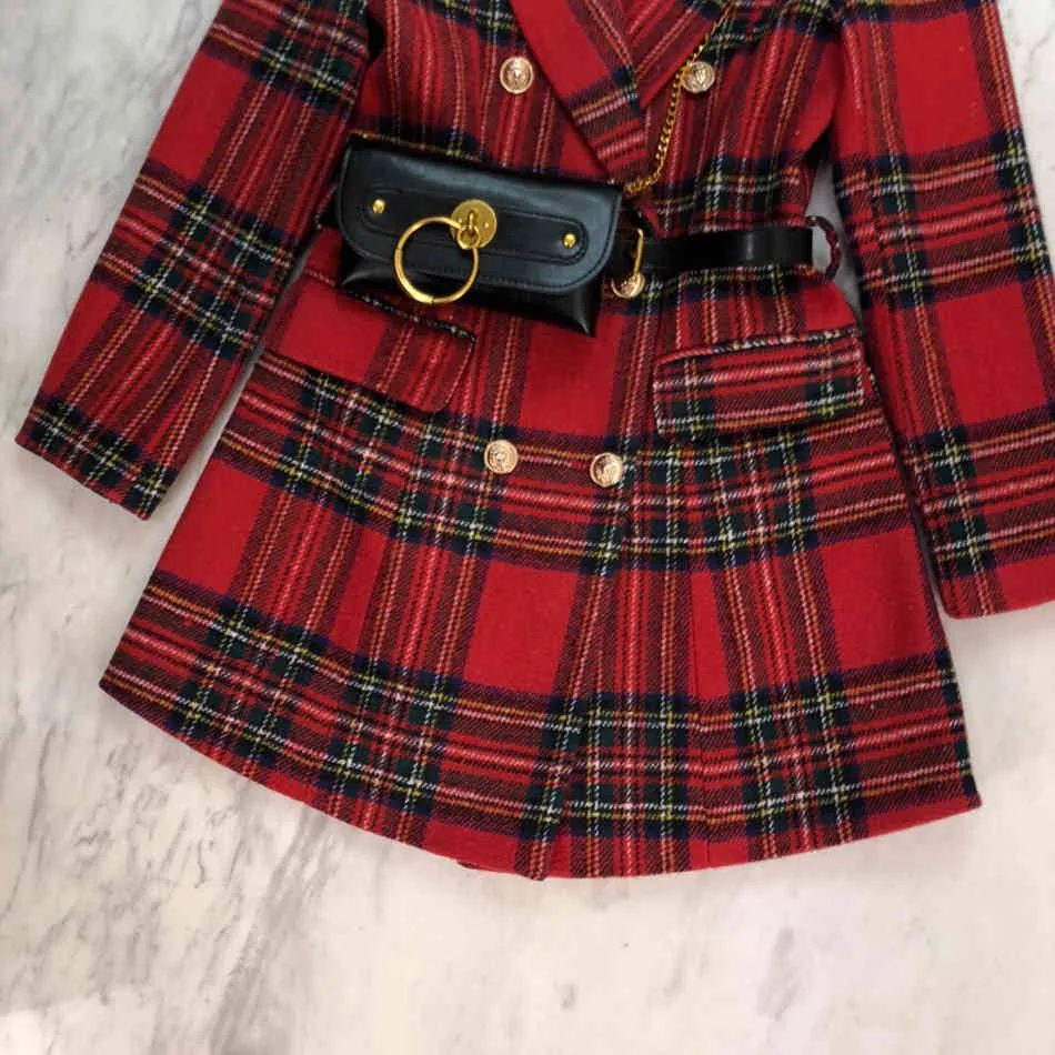 GRATUITA GRATUITAMENTE RED PLAID BLAZER Dress OL Style Fashion Bavero Doppio Bresed Cintura cintura in vita 210524