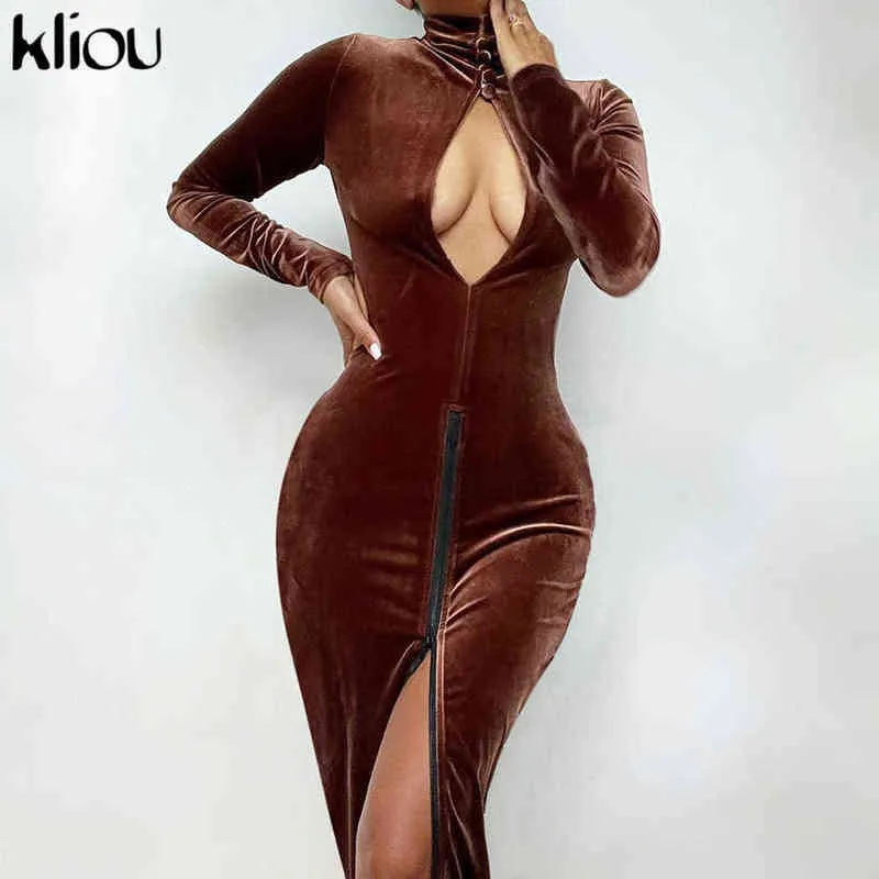 Kliou solide velours côtelé Maxi Robe femmes Robe classique Sexy évider jupe à glissière à manches longues col roulé femme vestido de mujer Y1204