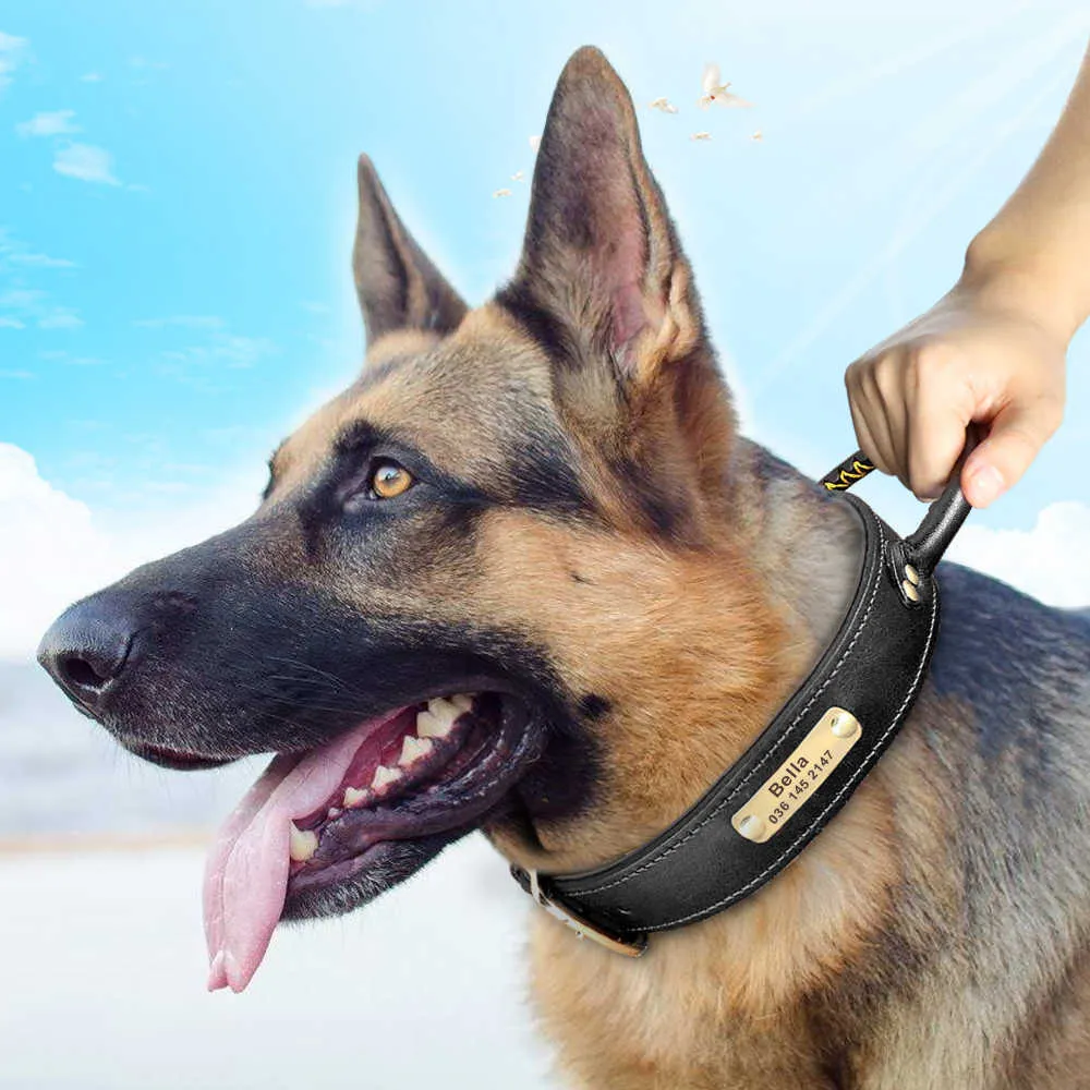 Soft Custom Leather Dog Collar Gepersonaliseerde PET ID-tagkraag met handvat gegraveerd naamplaatje voor middelgrote grote honden instelbare 211006