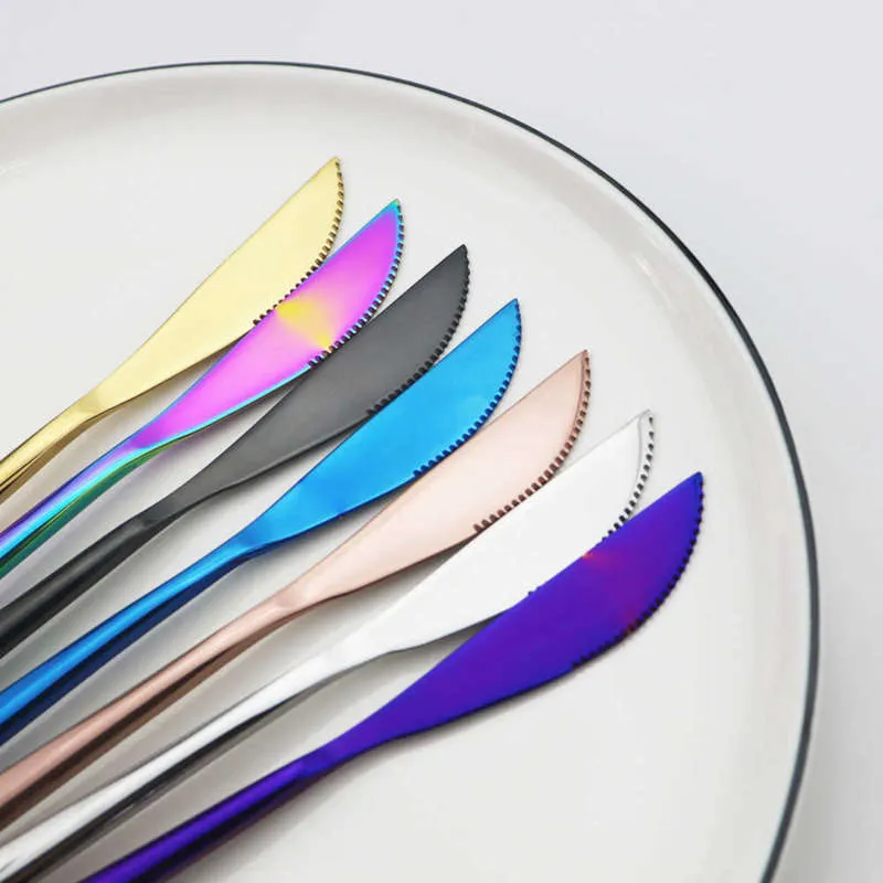6st Svart guld efterrätt knivar uppsättning fruktkniv dinnerware bestick spegel rostfritt stål kök bestick porslin silverare 210928