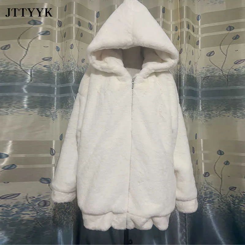 Manteau d'hiver en fausse fourrure femmes de haute qualité coréen lâche Imitation Rex manteau de fourrure de lapin grande taille épais chaud veste à capuche 211019