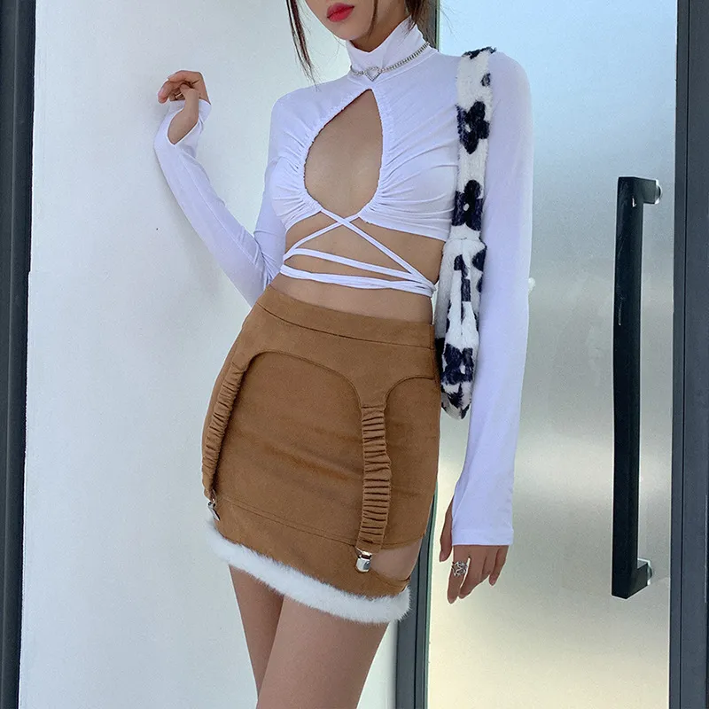 OMSJ Fall Winter Mini Bandage Skirt Lady Fashion Casual Khaki High Waist Sexy Patckwork Hollow Out Streetwear Slim Pencil Skirts 210517