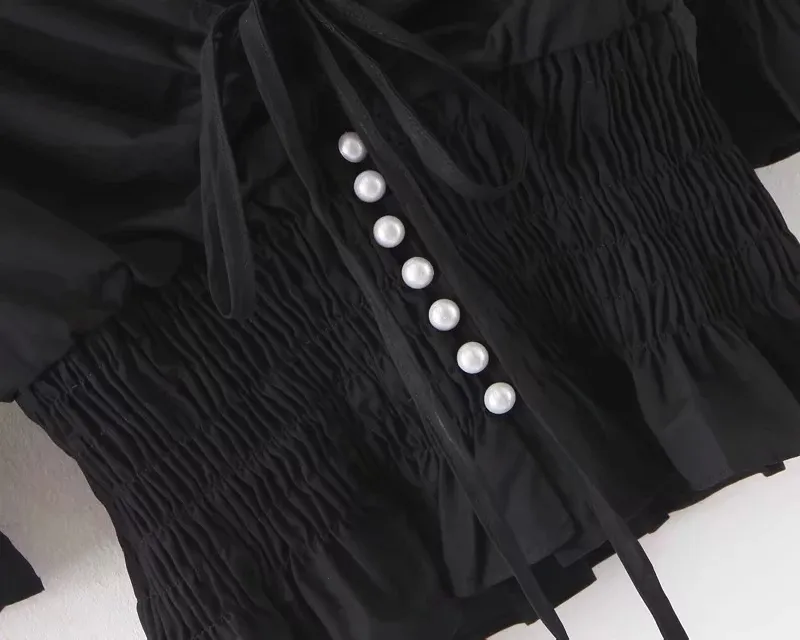 Sommer Pelpum Tunika Bluse Tops Damen Rüschen schickes schwarzes Hemd Vintage V-Ausschnitt Perlenknopf Strand 210427