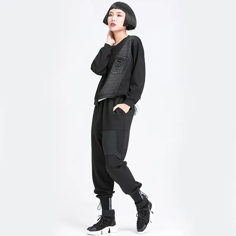 [Eam] 높은 탄성 허리 캐주얼 긴 포켓 하렘 바지 느슨한 맞는 바지 여성 패션 봄 가을 1dd6058 210512
