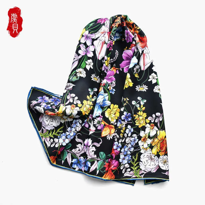 Foulard en sergé de soie véritable noir imprimé avec des foulards de fleurs femmes élégant doux blanc carré bandana châle cadeau de luxe pour dame 21210m