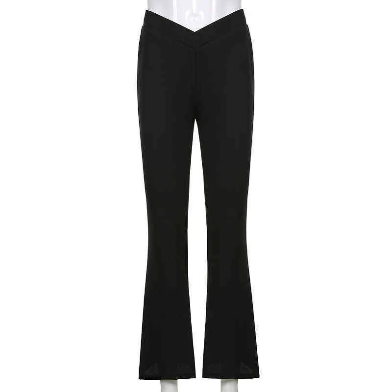 Casual V-Shaped High Waisted Flare Pant Fashion Summer Chic Black Byxor för kvinnliga Sweatpants Streetwear 211216