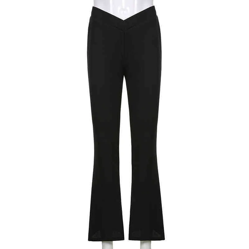 Casual V-vormige hoge getailleerde flare pant mode zomer chique zwarte broek voor vrouwelijke joggingbroek Streetwear 211216