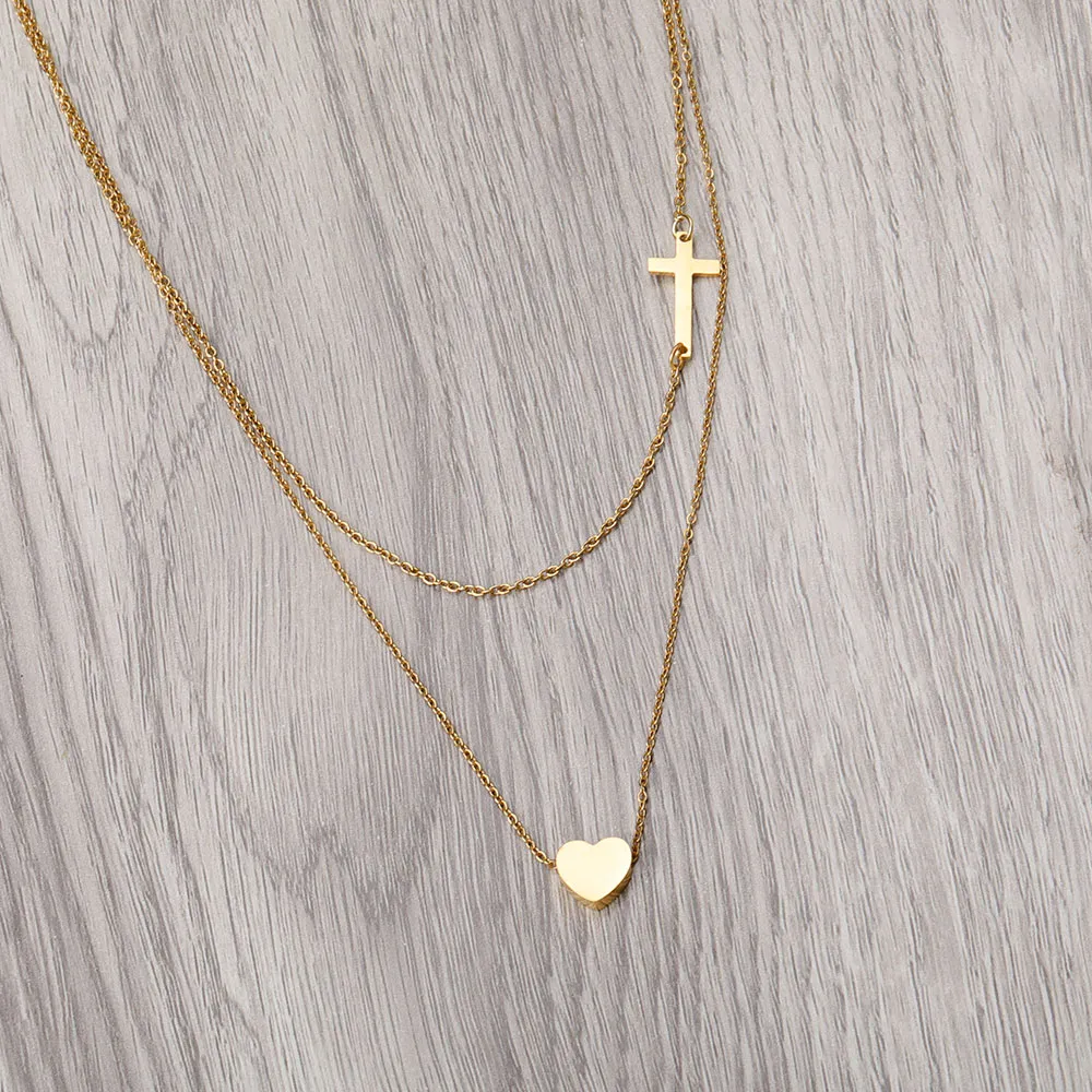 Trendy Layered Tiny Cross Heart Necklace Gold Chain Necklaces for Women Girl Silver Choker Party Wedding Jewelry