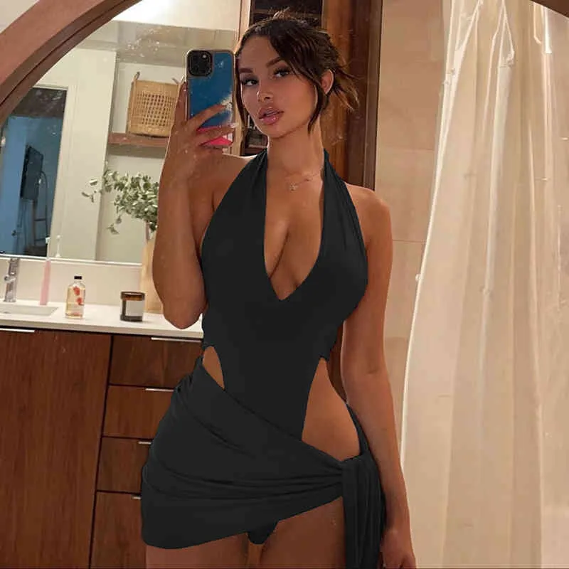 Sexy Halter V Neck Cut Out Bodysuits Women Backless Romper+Wrap Hip Mini Skirts Outfits Summer Baddie Clothes 210517