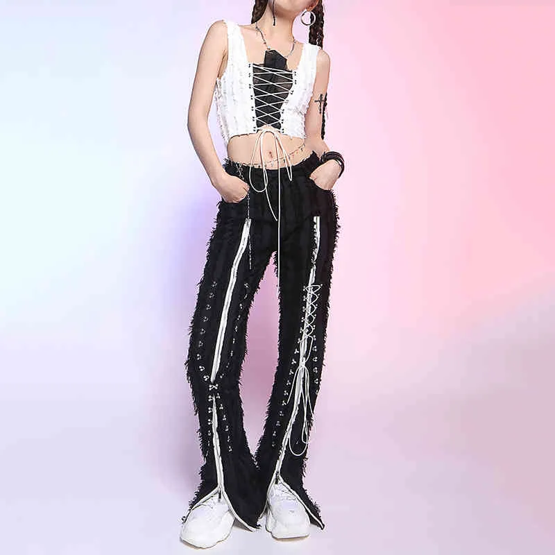 [EAM] High Waist Black Feather Long Wide Leg Hem Slit Trousers Loose Fit Pants Women Fashion Spring Summer 1DD8464 21512