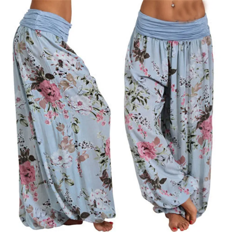 Pantalones largos bohemios con estampado Floral para mujer, pantalones bombachos Vintage de cintura media, pantalones de playa bohemios de cintura elástica de talla grande 5XL 210319