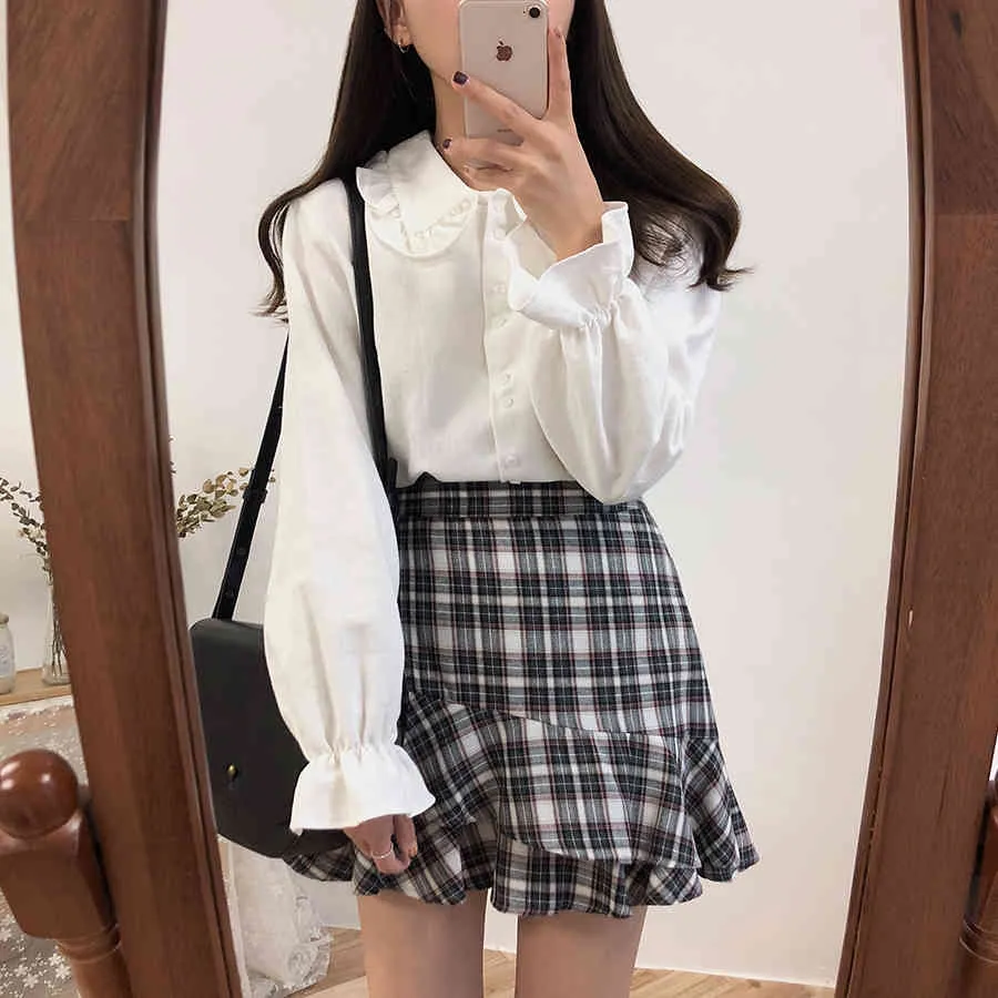 Koreaans wit shirt Casual Peter Pan Collar Vrouwelijke Blouse Lange Mouw Sweet Blusas Meisjes Studenten Mode Top 210519