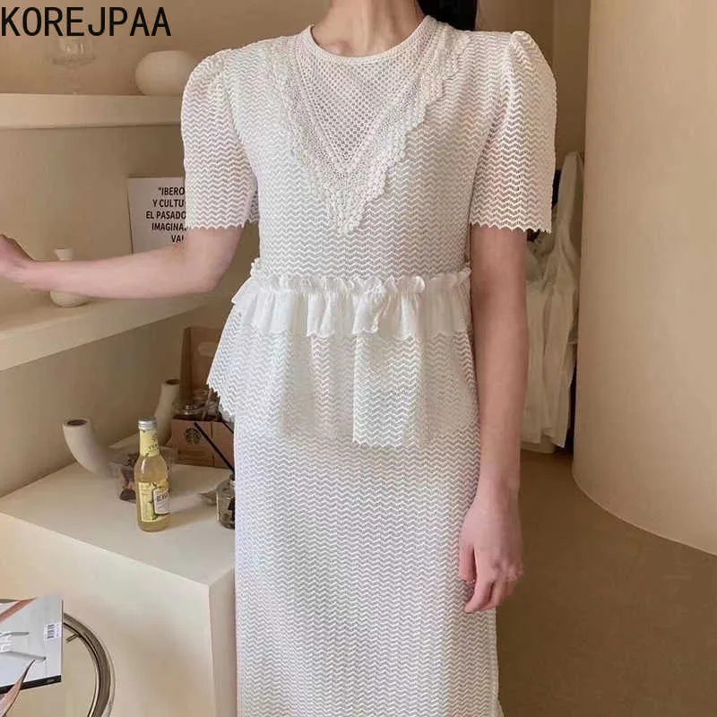Korejpaa Set di abiti da donna Summer Chic coreano retrò Elegante gonna con microgonna testurizzata e gonna longuette in pizzo a vita alta 210526