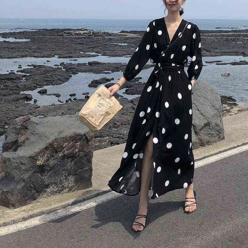 2021 boho novo verão maxi vestido roupas vintage magro francês retro hepburn vento preto bolinhas longas robe estilo coreano moda g1214