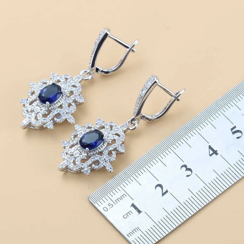 Mulheres Acessórios Do Casamento Prata Cor Azul CZ Jóias Conjuntos Dangle Brincos Colar e Anel para Mulheres Bridal Sets H1022