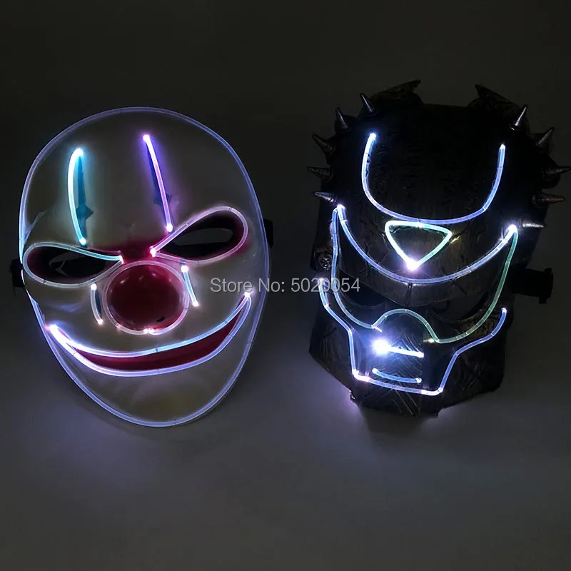 Accessoires de costumes 2 modèles de danse DJ en plastique fibre optique masque lumineux film effrayant cosplay lunettes LED masque joker masque de super-héros pour Hal