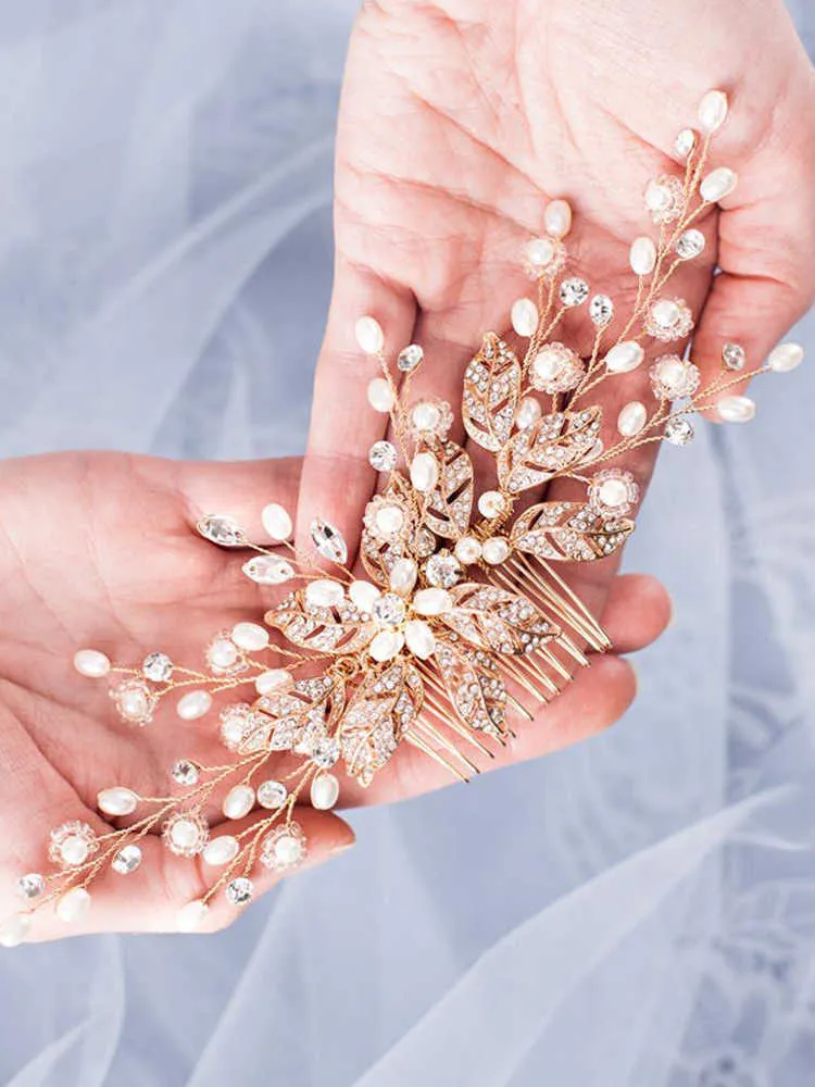 Trendy Leaf Pearl Rose Gold Wedding Hair Combs Tiara Bridal Headpiece Women Head Decorative Jewelry Accessories 210707