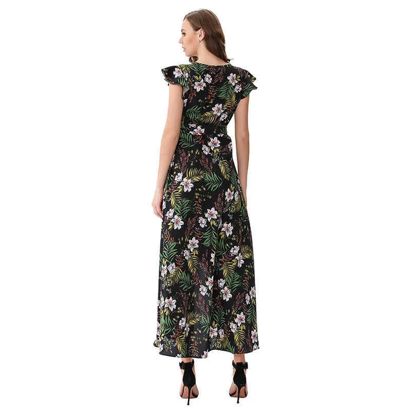 Mulheres Vestido Floral Impresso Bandagem Split Partido Fluxo Dignificado Tendência Elegante Verão Vestido Longo M30524 210526